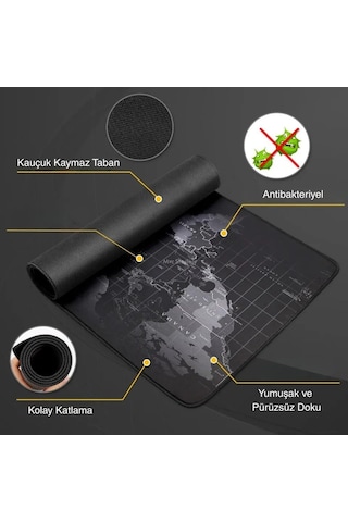 90x40 Cm Mouse Pad, Dünya Haritası Desenli Büyük Mouse Pad, Kaymaz Kauçuk Tabanlı, Dikişli Kenarlı 3 Mm Klavye V