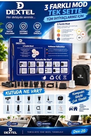 20.000 Pa Şarjlı El Süpürgesi - Hava Üfleyici - Çantalı - 12 Parça Aksesuarlı - 6000 Mah Bataryalı Gri