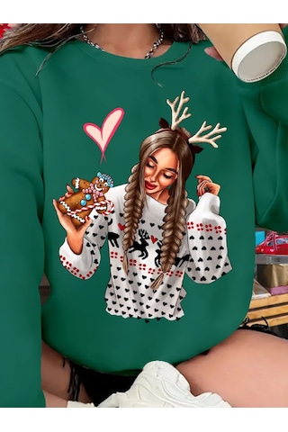 Nnstartshopping Kadın Yılbaşı Özel Uzun Kollu Bisiklet Yaka Desenli Viskon Iki Iplik Bluz Yeşil