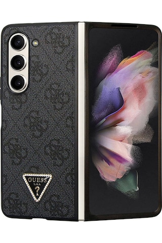 Galaxy Z Fold 5 Uyumlu Kılıf Guess Lisanslı Pu Deri Taşlı Üçgen Logo 4g Desenli Strass Siyah