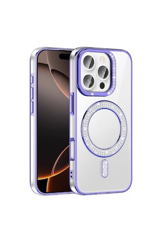 Apple Uyumlu iPhone 16 Pro Kılıf Pırlanta Taş Tasarımlı M-safe Şarj Özellikli Karetta Silikon Kılıf Mor