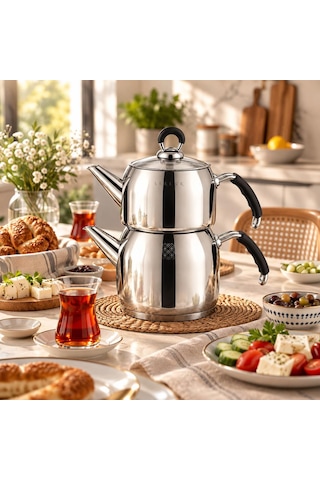 Serenk Excellence Orta Boy Çelik Çaydanlık 1,25 L Demlik, 2 L Suluk Gümüş - Siyah Serenk Excellence Orta Boy Çelik Çaydanlık 1,25 L Demlik, 2 L Suluk Gümüş - Siyah