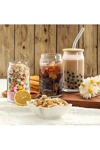 Bambu Kapaklı 2 Li Cam Bardak Seti - 300ml Isıya Dayanıklı Cam Pipetli Ve Fırçalı Şeffaf