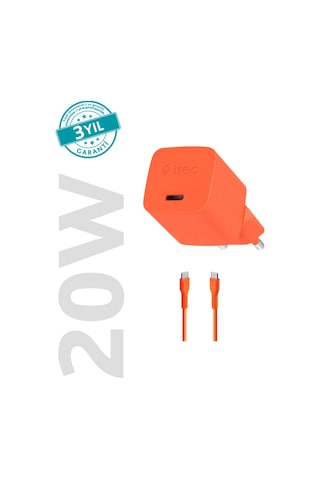 Smartcharger Gan 20w Pd Seyahat Hızlı Şarj Aleti + Usb-c - Usb-c 3a Kablo Neon Neon Turuncu