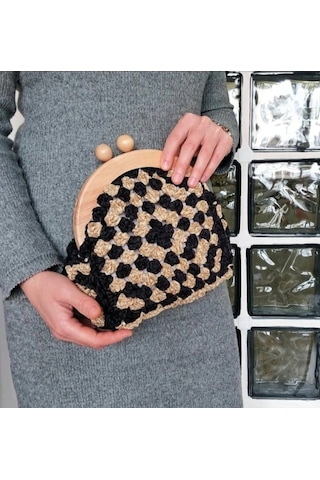 Ahşap Burslu Süet Siyah Çanta , Siyah Camel Clutch, El Yapımı Çanta Siyah Süet