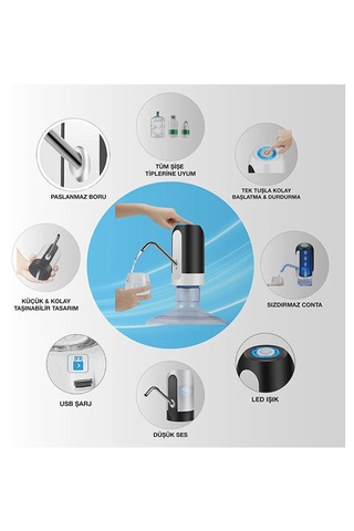 Şarjlı Damacana Su Pompası Hızlı Sessiz Otomatik Damacana Pompa Siyah
