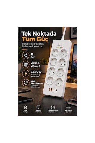 Robeve Fulltech 3680w 8 Li Akım Korumalı Uzatma Prizi - 2 Usb-a 2 Type-c, 2 Metre Kablo, Akıllı Koruma Sistemli Çoklu Priz Çoğaltıcı Grup Priz 8'li Priz 8'li Fiş Grup Fiş 2 M