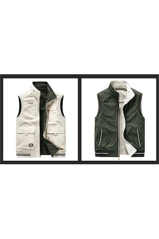Simicg Erkek Ters Çevrilebilir Çok Cepli Dış Mekan Yelek - Beyaz