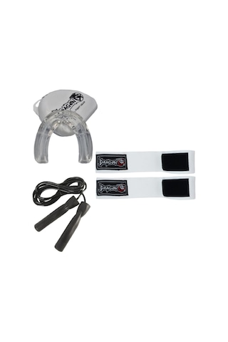 Dragondo 3,5 Metre Beyaz Elastik Boks Bandajı Profesyonel Şeffaf Dişlik Ve Atlama İpi Set Beyaz