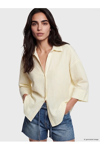 Lcw Vision Sarı Çizgili Oversize Poplin Kadın Gömlek