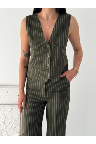 Moda Kadın Çizgili Tansel Kumaş Yelek Pantolon İkili Takım Ofis Şık Modern - Haki Çok Renkli