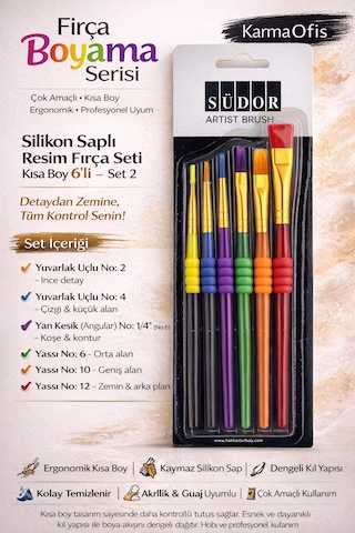 Silikon Saplı Fırça Seti 6 Lı Akrilik, Guaj Ve Tuval İçin Profesyonel Resim Fırçaları