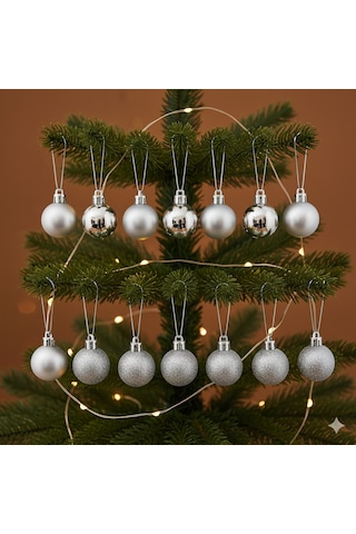 16'lı Paket Yılbaşı Ağacı Top Süsü 3 Cm - Gümüş Simli, Mat Ve Parlak Lüks Dekorasyon Seti Özel Pvc Kutulu