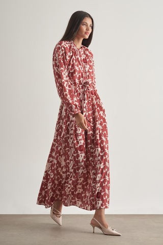 Mizalle Keten Dokulu Naturel Desenli Uzun Yazlık Elbise Çok Renkli