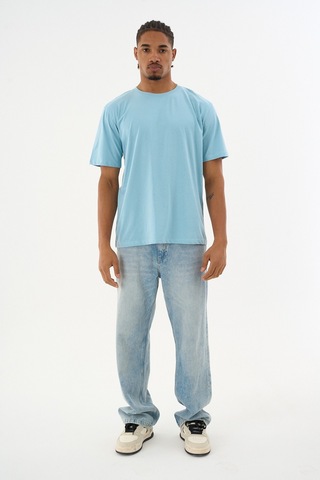 Dechers Erkek %100 Organik Pamuklu Yumuşak Dokulu Comfort Fit Bisiklet Yakalı T-shirt E222 Mavi