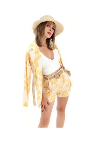 Kemerli Desenli Oversize Blazer Ceket - Sarı-sarı Sarı
