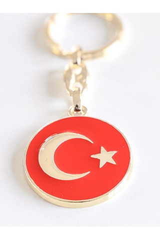 Moncuk Design Yuvarlak Kırmızı Zeminde Sarı Altın Renkli Ay Yıldız Figürlü Anahtarlık