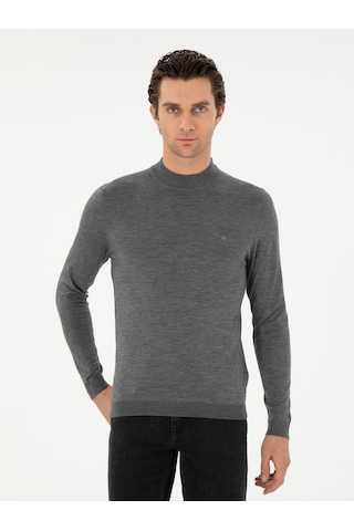 Cacharel Gri Slim Fit Kaşmir İpek Karışımlı Çeyrek Balıkçı Yaka Triko Kazak