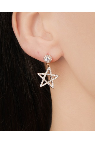 Lekka Design Kadın Kararmaz Çelik Lüks Takı Zirkon Taşlı Sallanan Yıldız Küpe Altın