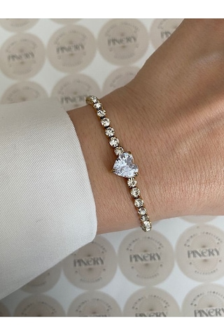 Pinery Jewels Zirkon Taşlı İri Kalp Çelik Kararmaz Kelepçe Kadın Bileklik Altın