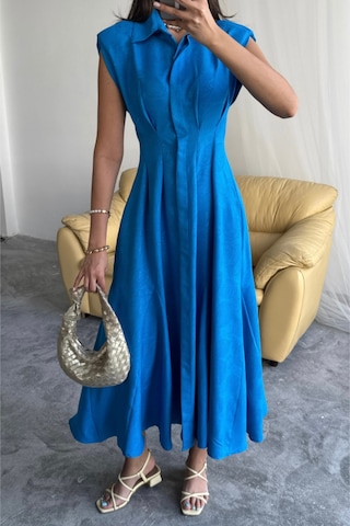 Jakarlı Keten Elbise Önden Yırtmaçlı Cepli - Saks Saks