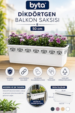 50 Cm Dikdörtgen Balkon Saksısı Dekoratif Plastik Çiçek Ve Bitki Saksısı