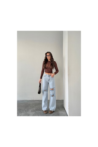 Blue Marlın Çift Diz Lazer Yırtık Boyfriend Bol Paça Jeans Taş