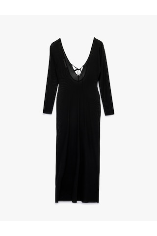 Koton V Yaka Uzun Kollu Slim Fit Tül Plaj Elbisesi Siyah 6sak80029mk