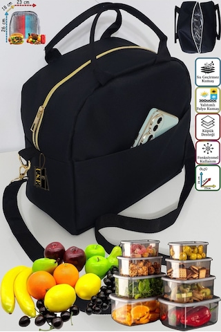 Sıcak, Soğuk Isı Yalıtımlı Termal Termoslu Yemek, Mama, Beslenme, Gıda Için Askılı Taşıma Çantası Bej - Siyah