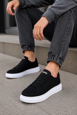 Günlük Rahat Taban Bağcıklı Sneaker Spor Ayakkabı Siyah Beyaz