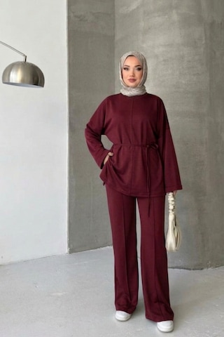 Thiff Tesettür Önü Bağlamalı Oversize Çimalı Modal Takım Bordo