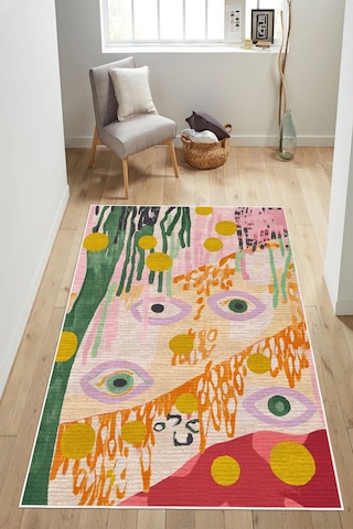 Modern Soyut Sanat Göz Figürlü Dijital Baskılı Yıkanabilir Kaymaz Taban Salon Halısı Yolluk Çok Renkli