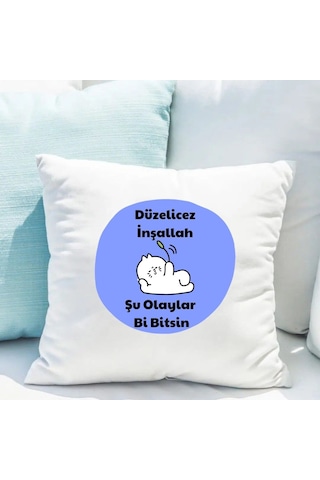 Saten Yastık Kılıfı 50x50 Cm Düzelicez İnşallah Baskılı Dekoratif Kırlent Kılıfı İçi Boş Beyaz