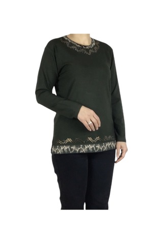 Kadın Yaka Ve Etek Desenli Taşlı Likralı Bluz-arpbattal2 Haki