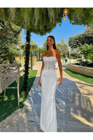 Havens Gown Dantel Büstiyer & Saten Etek Takım Beyaz