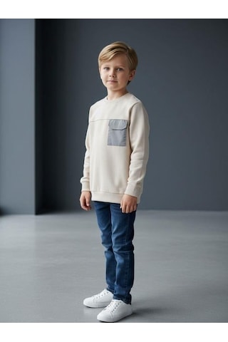 Zekids Erkek Çocuk Cep Detaylı Pamuklu İnce Sweatshirt-16650 Bej
