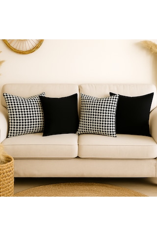 4'lü Kazayağı Desenli Siyah Kırlent Kılıf Seti 4 Al 1 Öde Modern & Bohem Dekoratif Yastık 45 x 45