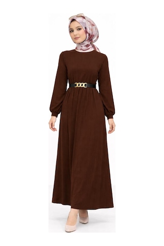 Hira Life Fashion Kadın Gold Zincir Kemer Detaylı Bisiklet Yaka Ve Tesettür Giyim Burgu Elbise Kahverengi Kahverengi