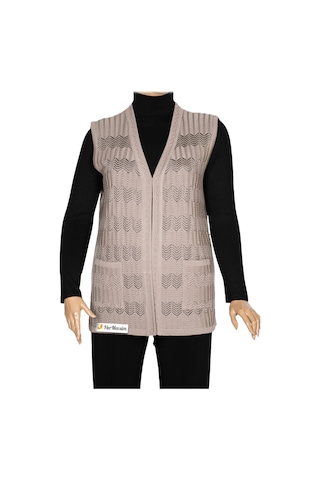 Hesna Kadın Gökçe Triko Ajurlu Boncuklu Cepli Taş Beji Yelek Bej