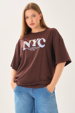 Alexandergardi Geniş Kalıp Bisiklet Yaka Baskılı Kısa Kollu T-shirt Kahverengi