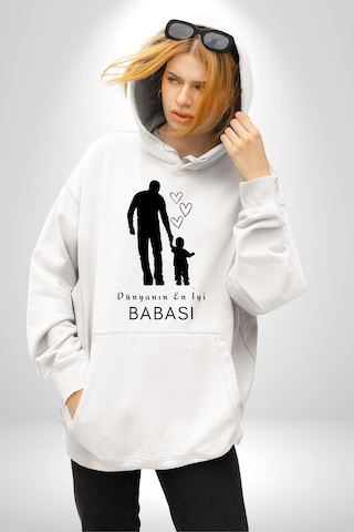 Babalar Günü Dünyanın En İyi Babası Kadın Erkek Beyaz Kapüşonlu Sweatshirt Hoodie Beyaz