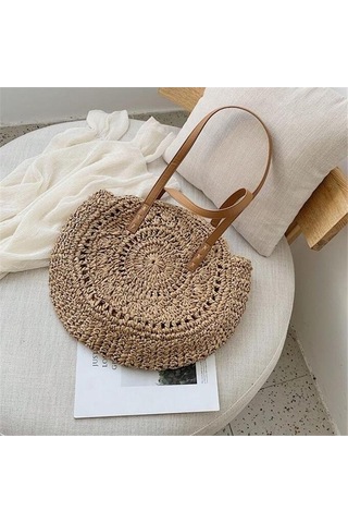 Novahub Haki Kadın Plaj Çantası, Hasır Omuz Çantası, Boş Çiçek Tasarım, Büyük Kapasiteli Haki