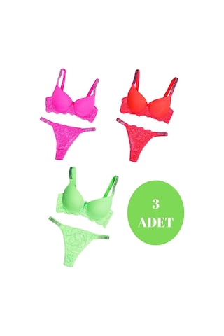 Murays Kadın 3lü Taşlı Mikro Sütyen Takım Pembe/orange/yeşil