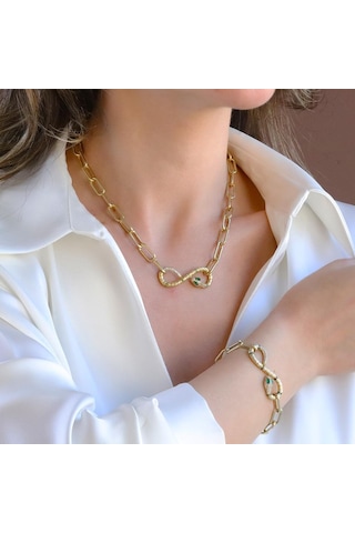 Yılan Sonsuzluk Modeli Gold Kaplama Zirkon Taşlı Set Gümüş