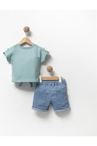 Overdo Kids Kız Çocuk 1-4 Yaş Kot Şort Nakış Süslü Yeşil Tişört 2 Li Takım Yeşil
