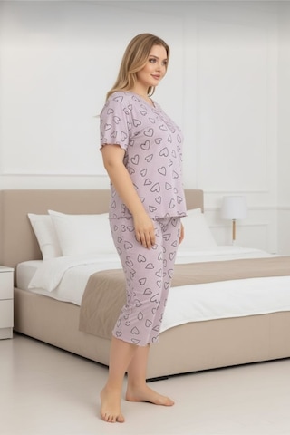 Eyfuze Kadın Büyük Beden Kısa Kollu Kapri Bambu Pijama Takımı Açık Lila