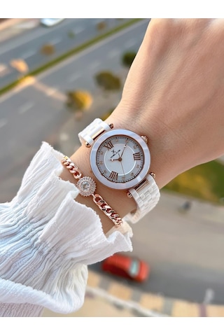 Daniel Klein Seramik Kordon Taşlı Kadran 2 Yıl Garantili 3 Atm Kadın Kol Saati+bileklik Hediyeli Sm3 Rose Gold