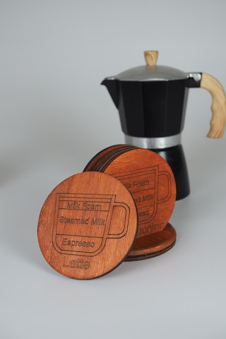 Kahve Temalı 6 Lı Ahşap Bardak Altlığı Seti Espresso/latte/cappuccino/mocha/americano/macchiato Meşe