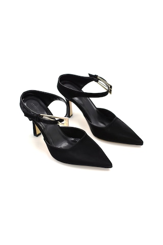 Beyaz London Burnu Kapalı Toka Detaylı Topuklu Kadın Ayakkabı Siyah Siyah