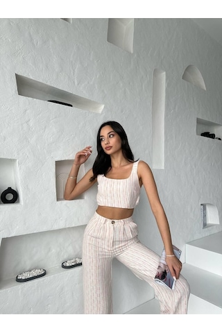 Eke Tekstil Turuncu Çizgili Crop Pantolon Keten Takım-turuncu Turuncu